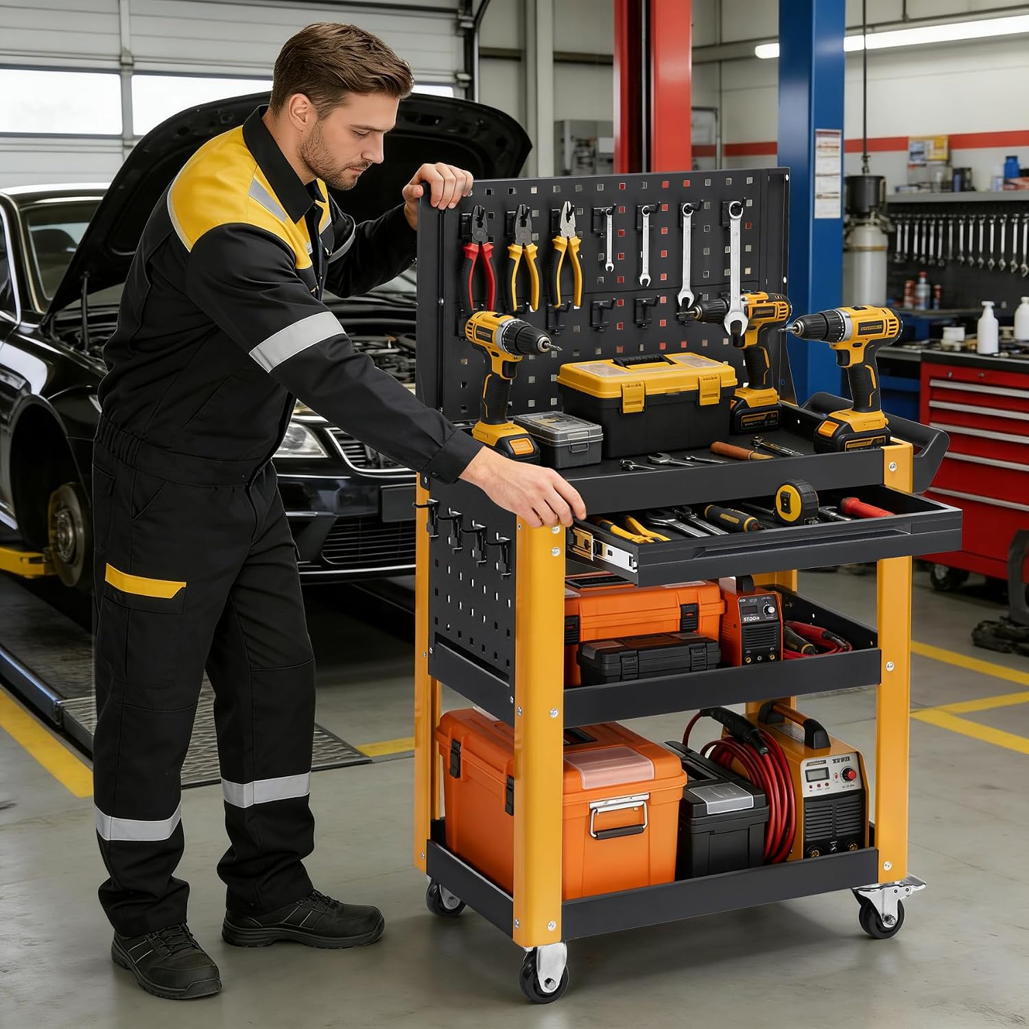 3 Tier Heavy Duty Rolling Tool Cart with Lockable Drawers & Nail Plates, 1000LBS Load Capacity Utility Cart on Wheels for Workshop, Warehouse, Garage, Shop, School & Garden