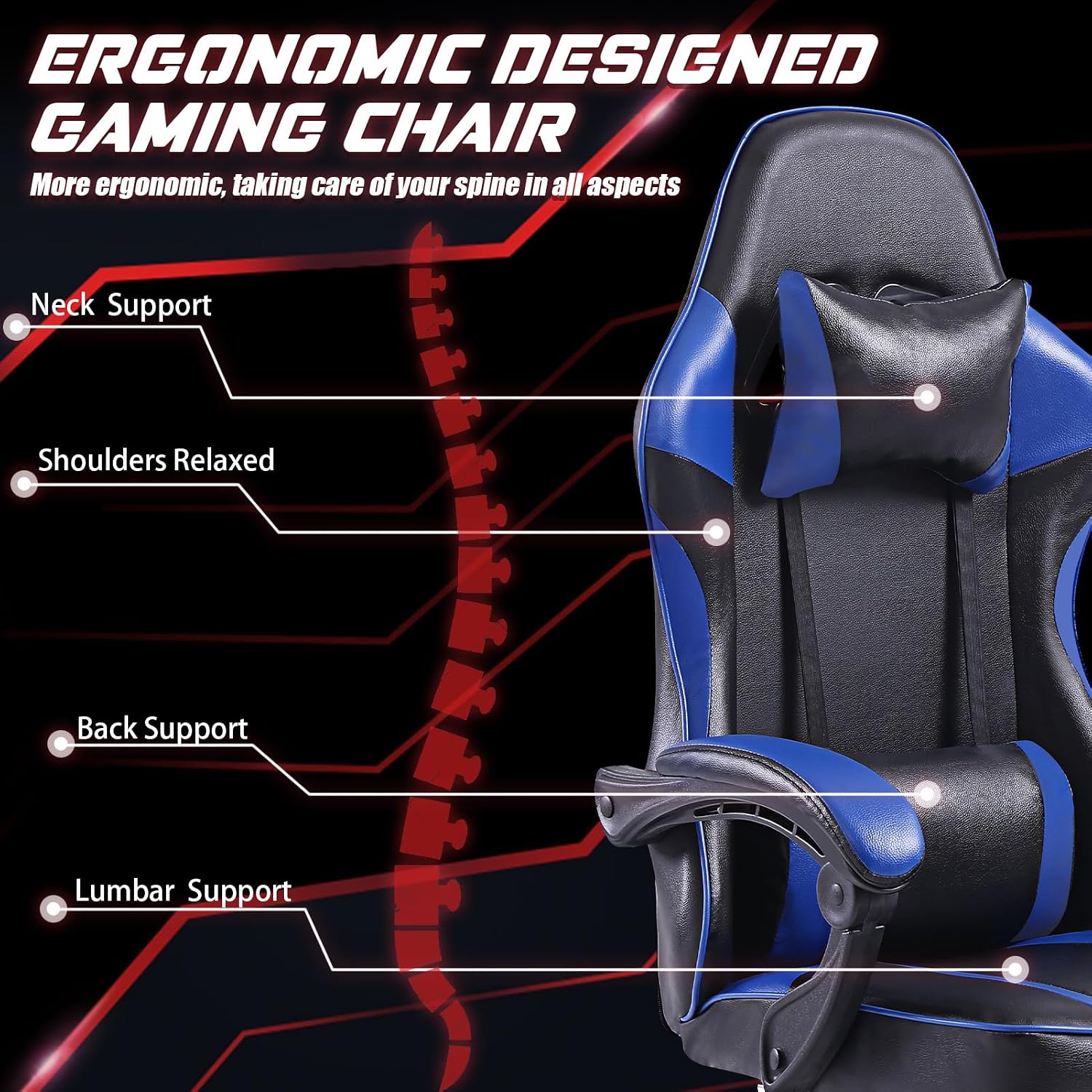 450lbs Big and Tall Gaming Chair with Footrest – Heavy Duty Wide Seat Video Game Chair for Adults, Reclining PU Leather High Back Computer Office Desk Chair with Lumbar Support (Model F, Black+Blue)