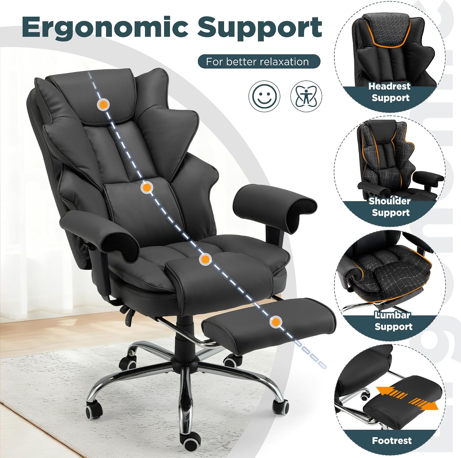 HOMREST Ergonomic Executive Office Chair with 6-Point Vibration & Heat - Reclining Managerial Chair with Adjustable Footrest and Armrests,Big and Tall Leather Home Office Desk Chairs(Black)