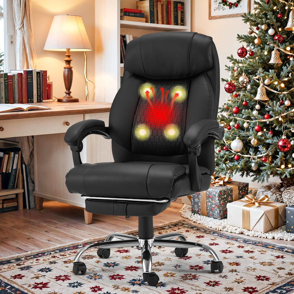 HOMREST 4-Point Massage Office Chair with Heating and Footrest, Reclining Executive Leather Desk Chair, Ergonomic Heated Managerial Chair for Home Office, Black