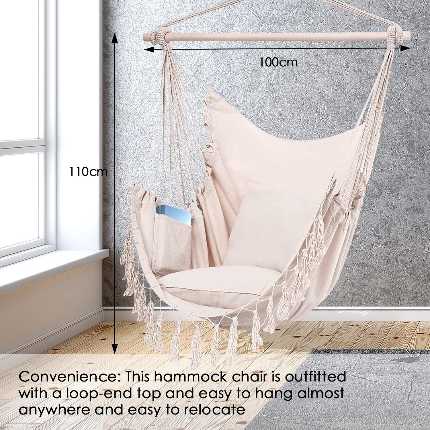 ZLX Hammock Chair Hanging Rope Swing with Hardware Kit and 2 Cushions, Handmade Macrame Hanging Chair for Bedroom Patio Yard Garden, Max 330 Lbs, Beige