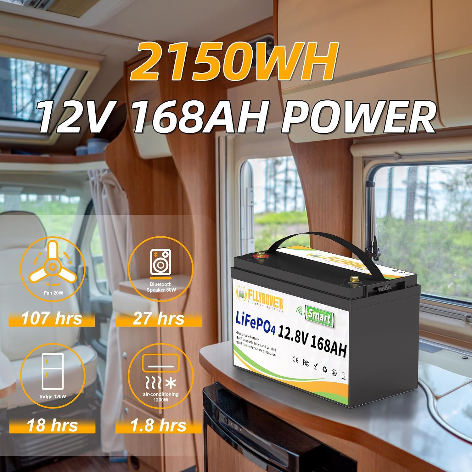FLLYROWER Lithium Battery 12V 168AH With Smart BMS and 17000 Deep Cycles Lifepo4 Battery Grade A Cells for Marine Trolling Motor RV camping Solar Golf Cart Off-Grid