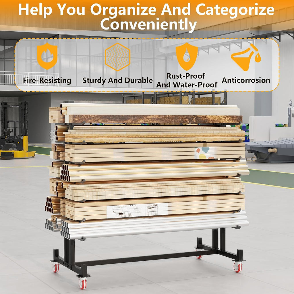 Soywey 7-Tier Steel Horizontal Storage Rack,Detachable Lumber Storage Rack,Load 2000 Lbs Heavy Adjustable Pipe Rack Lumber Organizer Shelf for Garage Workshop Shed Basement Black(With Wheel)