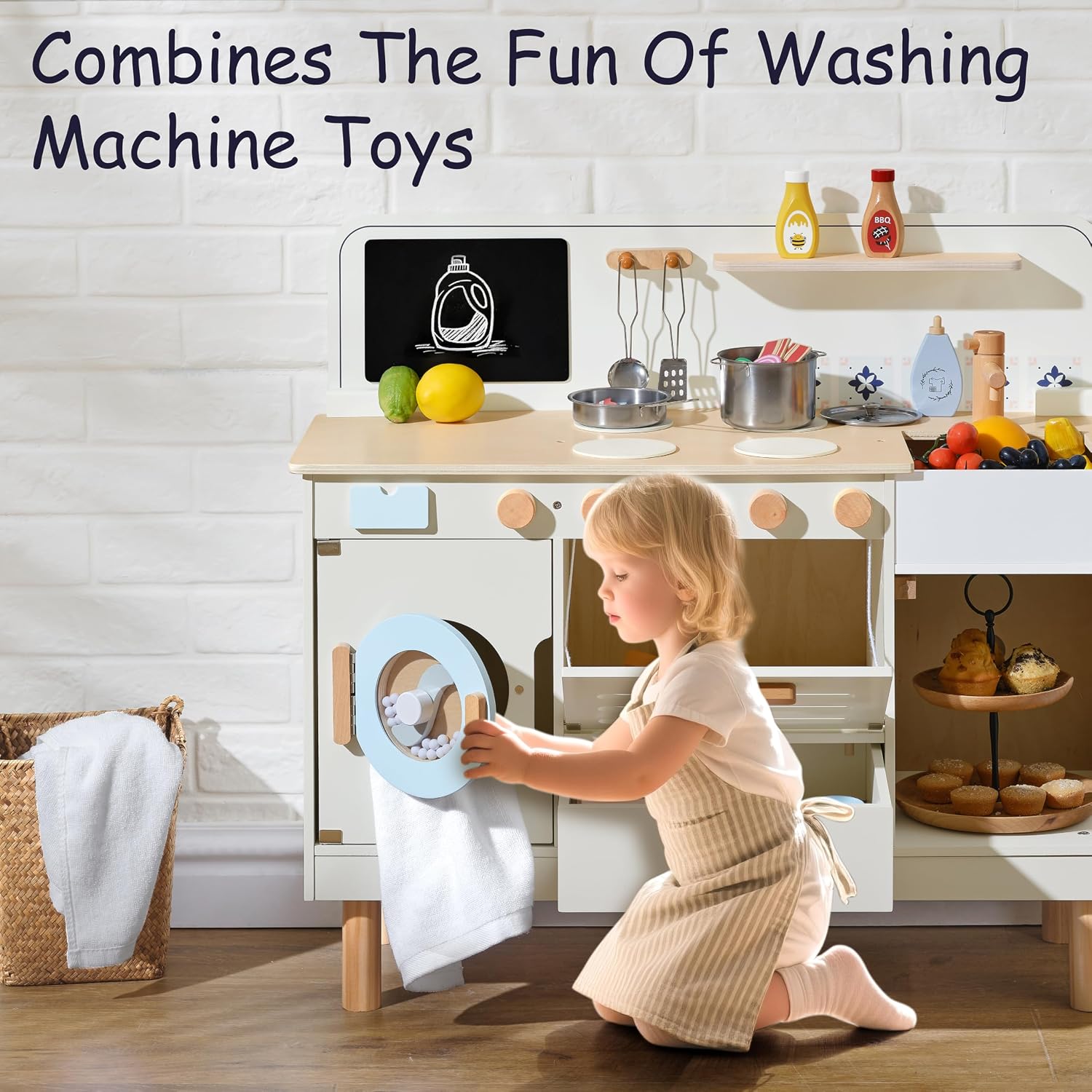 Pillowhale Wooden Play Kitchen with Washer – Large Interactive Toy Kitchen Set for Kids 3+ – Montessori Pretend Play Center with Metal Cookware & Chalkboard – Gift for Boys Girls