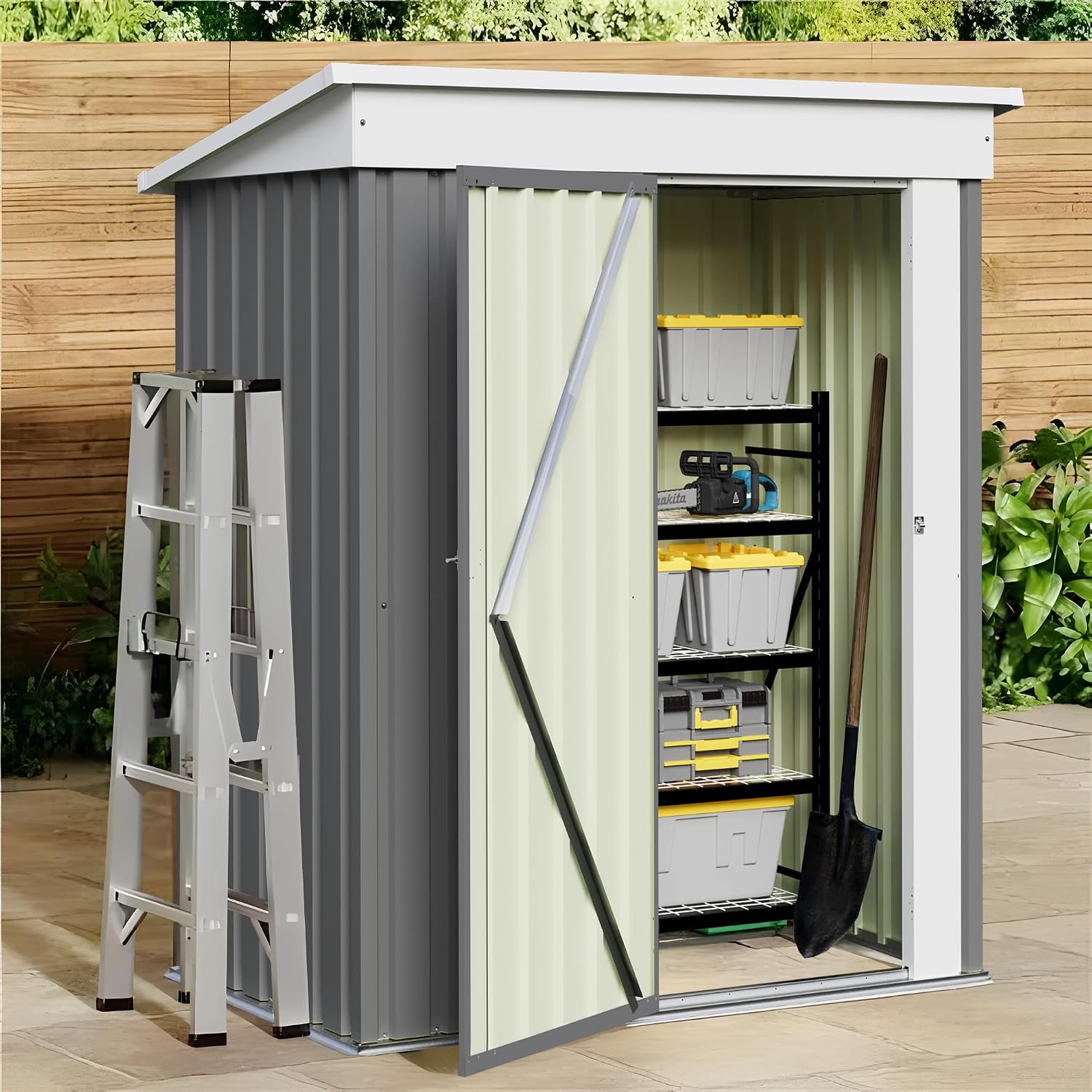 JUMMICO Metal Outdoor Storage Shed 5 x 3 FT Metal Shed with Lockable Door,Waterproof Garden Tool Shed Storage House for Backyard Patio Lawn,Grey