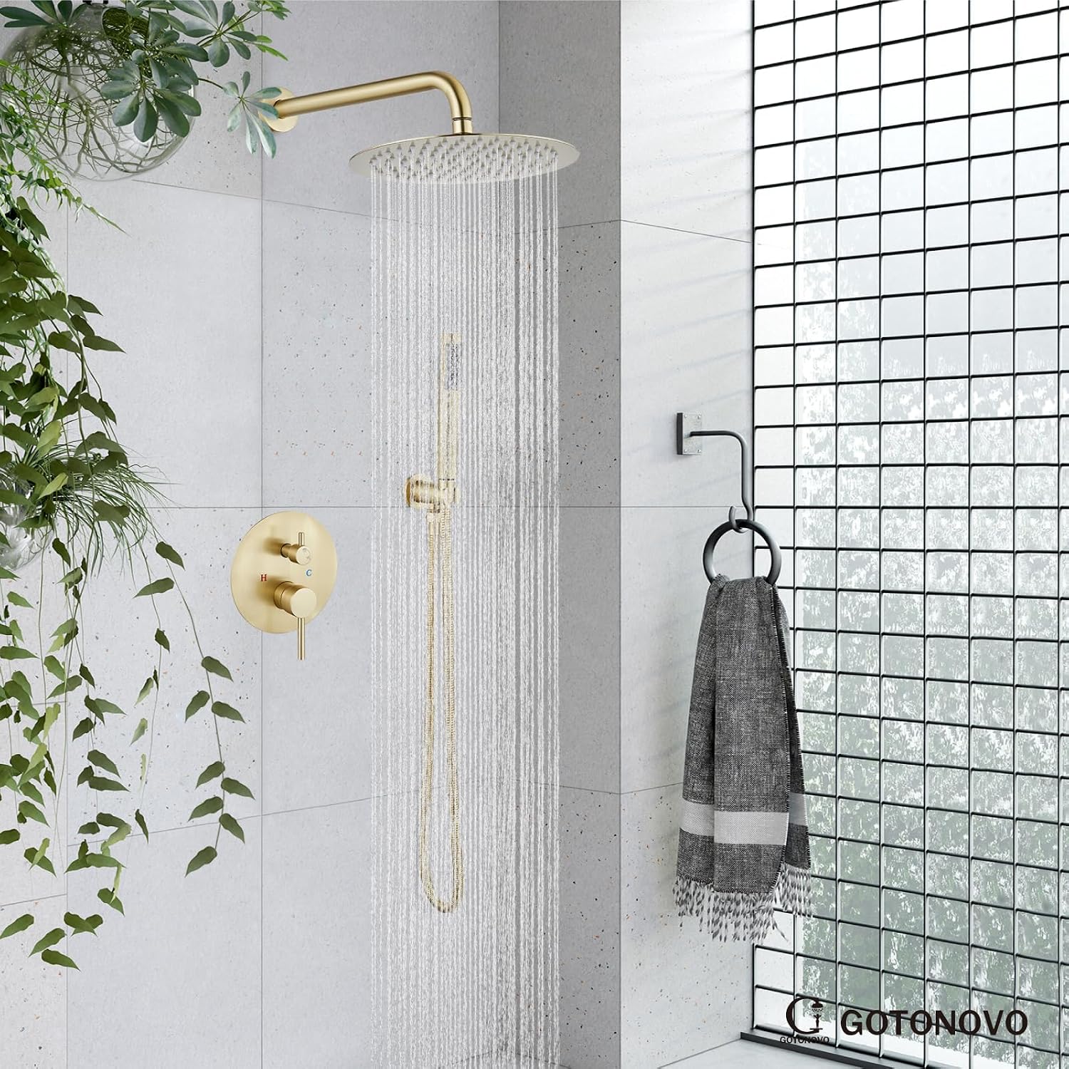 gotonovo Shower System 10 Inch Round Rainfall Showerhead Wall Mounted High Pressure Shower Faucet Set Fixture Combo with Rough in Valve and Cylindrical Handheld Spray, Brushed Gold
