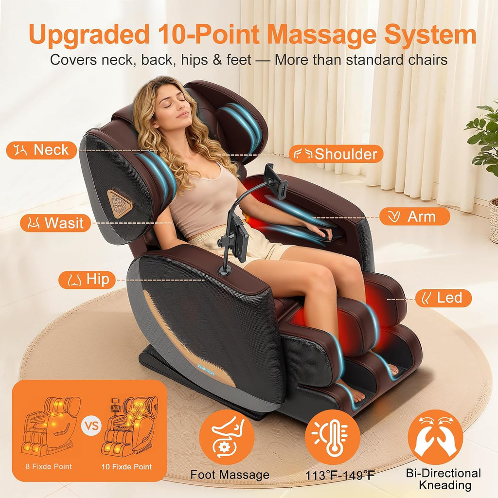 Massage Chair Full Body and Recliner, Zero Gravity Massage Chairs, 10 Fix Rollers, Airbags, Heating, Foot Massage, Auto Modes, Bluetooth Speaker and Touch Control Screen for Home and Office (Brown)