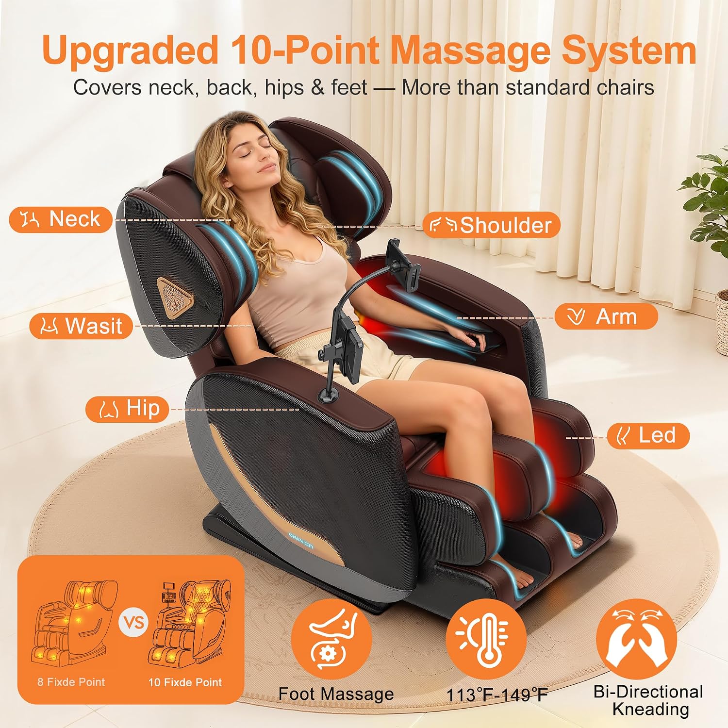 Massage Chair Full Body and Recliner, Zero Gravity Massage Chairs, 10 Fix Rollers, Airbags, Heating, Foot Massage, Auto Modes, Bluetooth Speaker and Touch Control Screen for Home and Office (Brown)