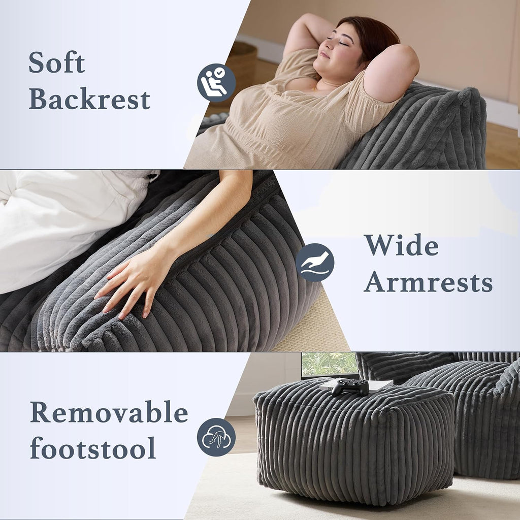 Gericco Oversized Bean Bag Chaise Lounge Chair Indoor for Adults with Armrests & Ottoman - Giant Comfy Gray Beanbag Floor Sofa Cloud Accent Chair for Reading, Gaming, Cozy Plush Cloud Mini Couch