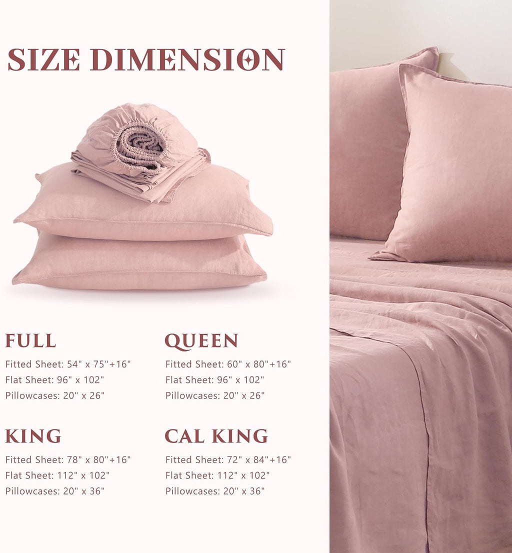 100% French Linen Sheets Set Queen Size-4Pcs Natural Washed Flax Bed Sheets Soft Breathable and Durable- 1 Flat Sheet 1 Fitted Sheet 2 Pillowcases (Pink, Queen)