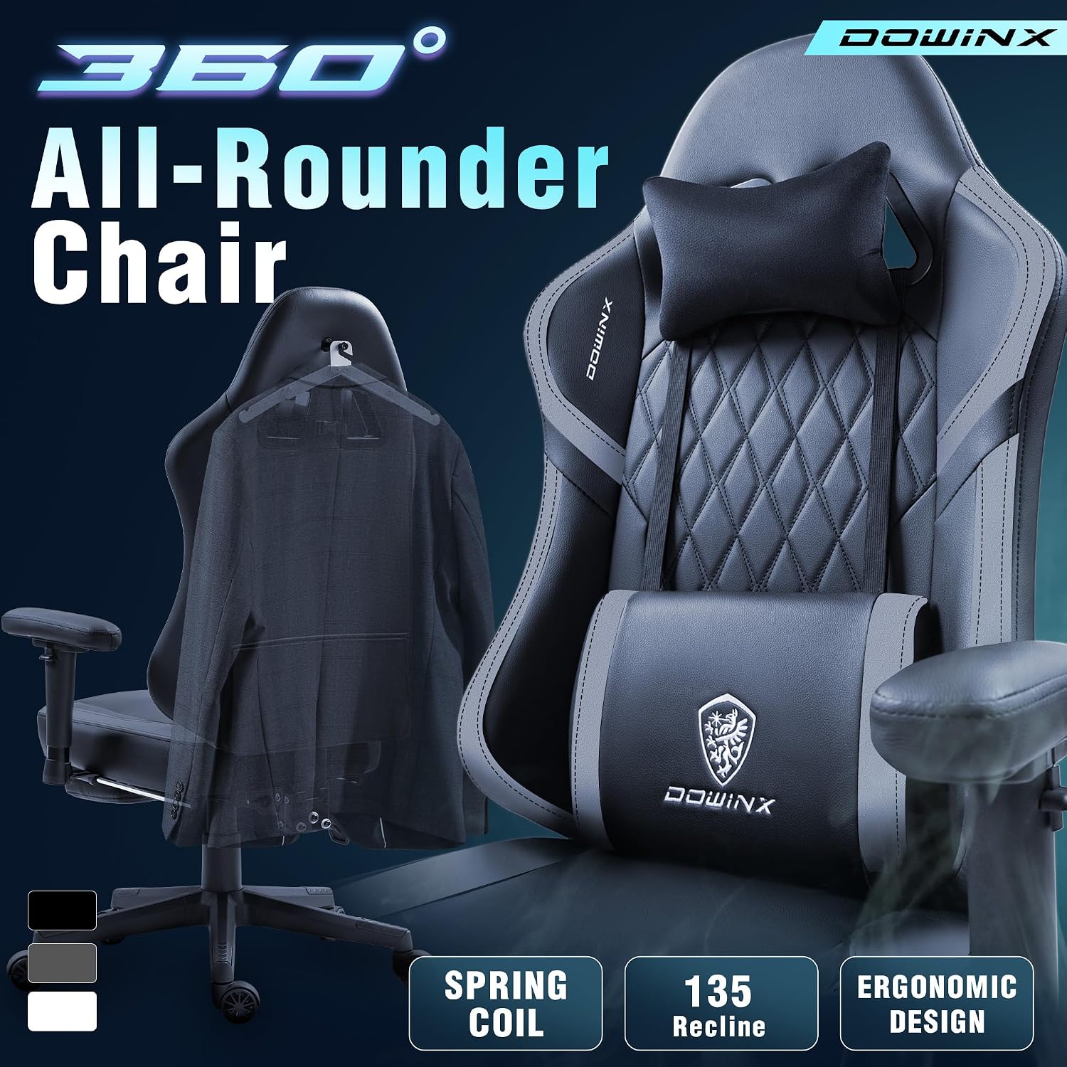 Dowinx LS-66T50EJP Gaming Chair with Pocket Spring Cushion and Hanger, Massage Game Chair Pu Leather with Headrest, Ergonomic Computer Chair with Footrest 300lbs for Adult, Black Grey