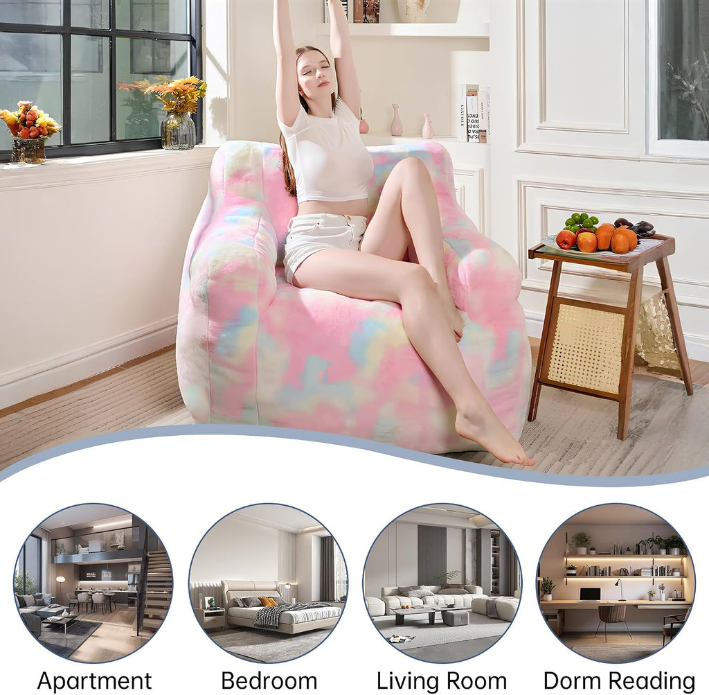 Cvortll Large Bean Bag Chairs for Adults & Teens & Kids, 3FT Memory Foam Bean Bags with Filler, Ultra Soft Faux Fur - Fluffy Bean Bag Chair for Living Room Bedroom College Dorm (Colorful Rainbow)