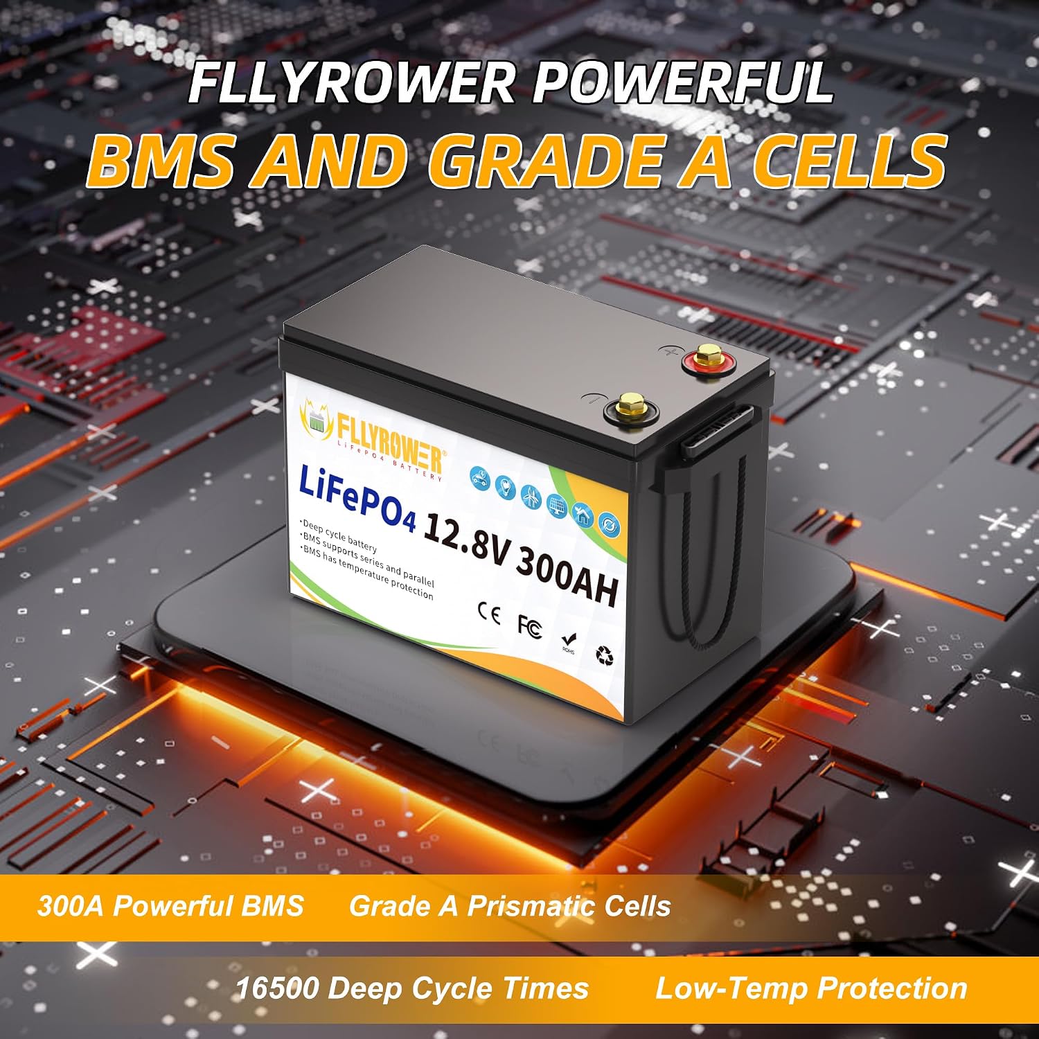 FLLYROWER 12V Lithium Battery 300AH With BMS and 16500 Deep Cycles 12V 300AH Lifepo4 Battery Grade A Cells for Marine Trolling Motor RV camping Solar Golf Cart Off-Grid