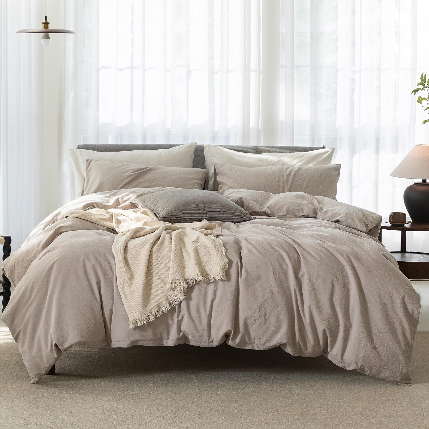 Super King Plus Cooling Duvet Cover Set - 3 Pieces 100% Cotton Bedding, Breathable, Crisp Linen-Like Texture, Naturally Soft & Gets Better, Hidden Zipper & Corner Ties – Beige Grey, 120'x120'