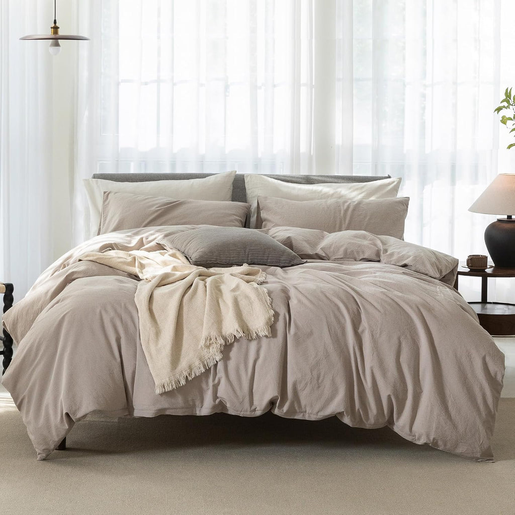 Oversized King Plus Cooling Duvet Cover Set - 3 Piece 100% Cotton Bedding, Breathable, Crisp Linen-Like Texture, Naturally Soft & Gets Better，Hidden Zipper & Corner Ties – Beige Grey,128'x120'