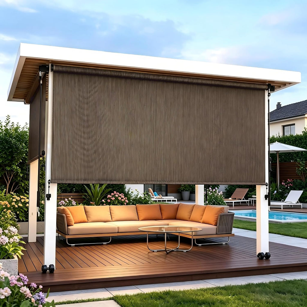 Shade&Beyond Outdoor Roller Shades with Splicing Design, Easy to Install Roll Up Patio Outside Blinds for Porch Pergola Gazebo, 10' W x 8' H, Mocha
