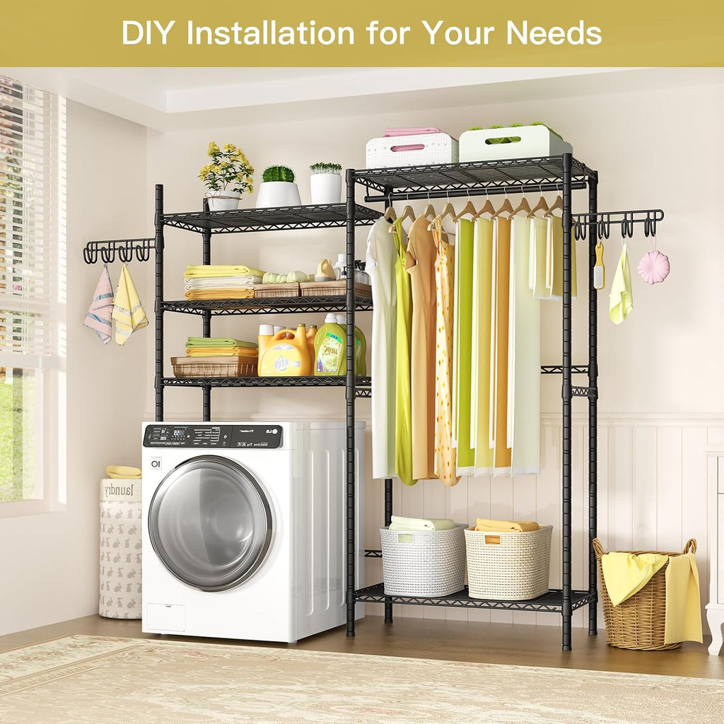Ulif U5 Over the Washer and Dryer Storage Shelf, Laundry Room Space Saver Bathroom Storage and Organizer Rack for Hanging Towels and Drying Clothes with 5 Wire Shelves, 58.2'W x 13.4'D x 77.5'H, Black