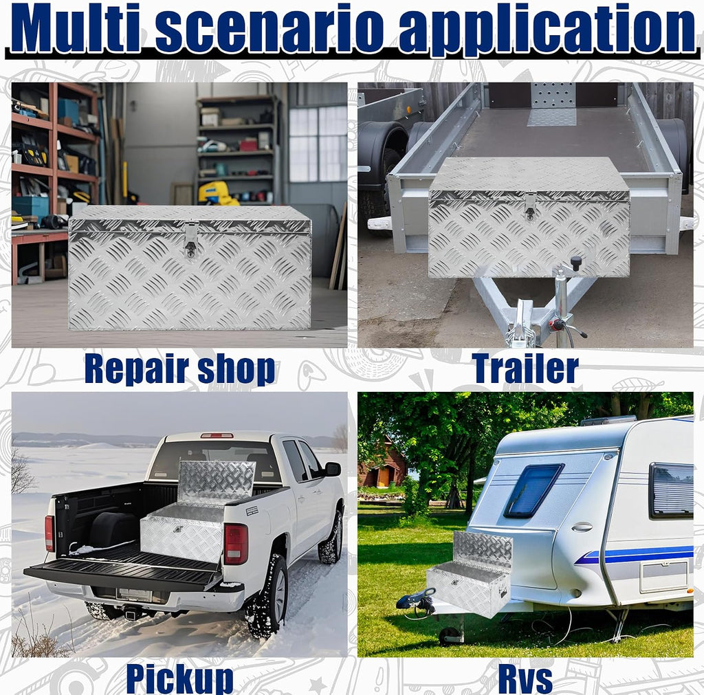 Aluminum Underbody Truck Box 32'×18'×14' Pick up Square Storage Toolbox Heavy Duty Diamond Plate Tool Boxes with Side Handle Buckle Lock and Keys for Storage and Organization