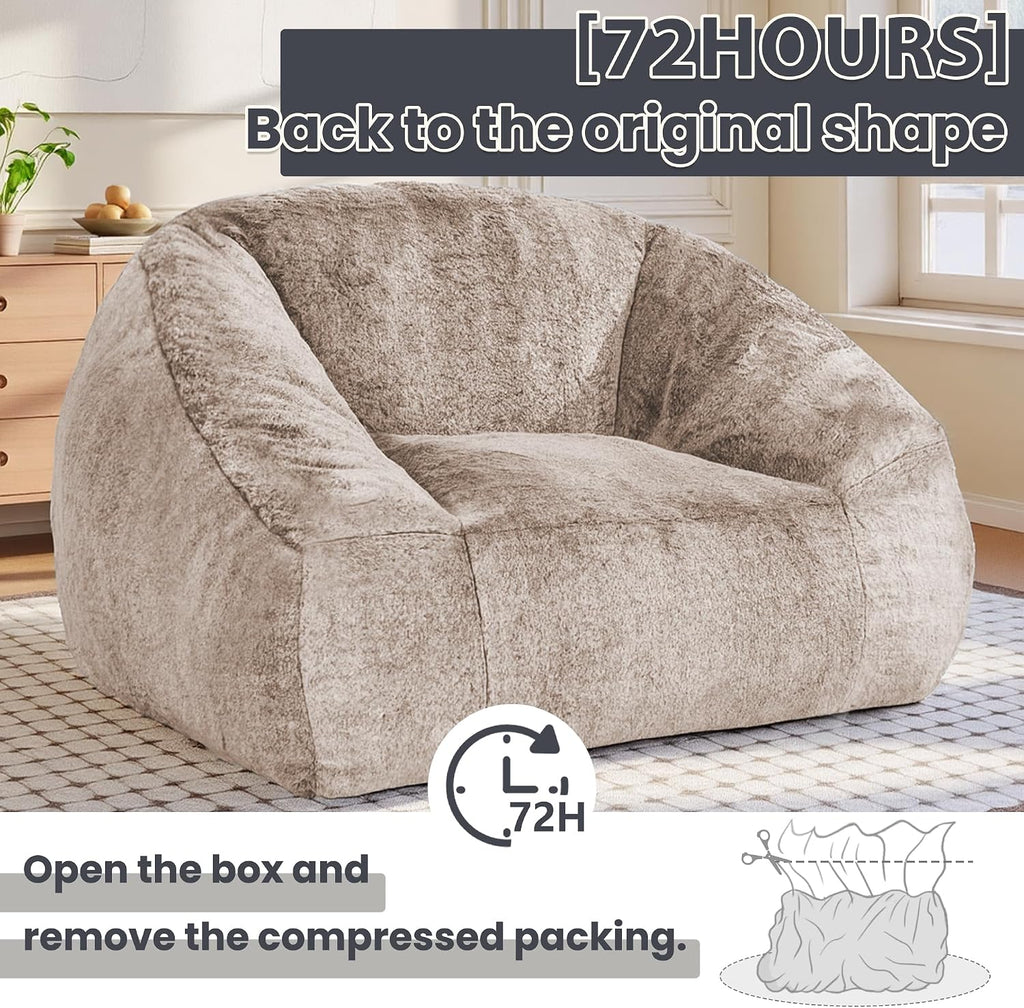 Bean Bag Chairs for Adults, Giant Beanbag Sofa Comfy Reading Chair, Oversized Bean Bag Chairs for Living Room Bedroom, Soft Faux Fur Fabric, 3.2FT, Khaki, Plush