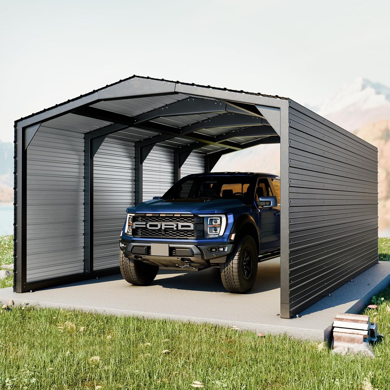 Metal Carport 12x20ft Heavy-Duty 2-Sided Enclosure | Military-Grade Reinforced Garage Kits with Steel Roof & Hurricane | 100lbs/Sq.Ft Snow/RV/Camper/Truck/Tractor Shelter