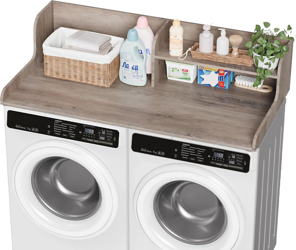 DTK Washer Dryer Wood Countertop with Shelf, Laundry Topper with Non-Slip Mat,27.55' Depth x 54' Width Dryer Covers for The Top with Edge Rails (Rural)