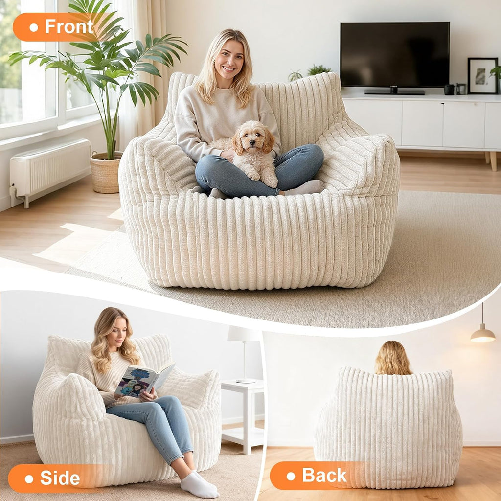 Giant Bean Bag Chair for Adults, Oversized Memory Foam Bean Bag Sofa with Armrests, Large Comfy Fluffy Single Lounges Mini Couch for Living Room, Bedroom & Dorm(Beige)