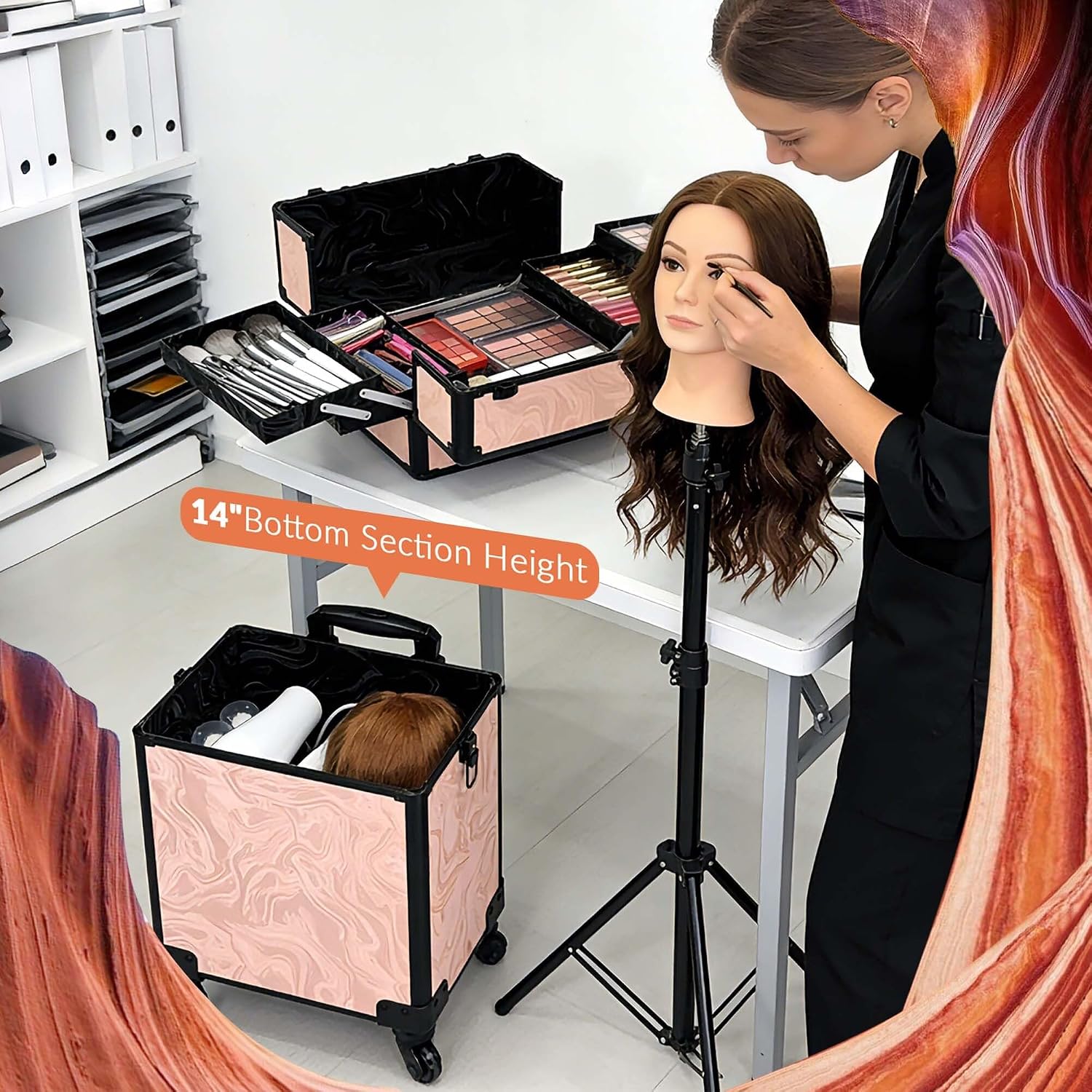 BYOOTIQUE 4in1 Rolling Makeup Case with 4 Pull-Out Trays, Easy Access Cosmetic Organizer with Wheels for Makeup Artist,Lockable Latches for Secure Storage,CoyoteButtes Dusk