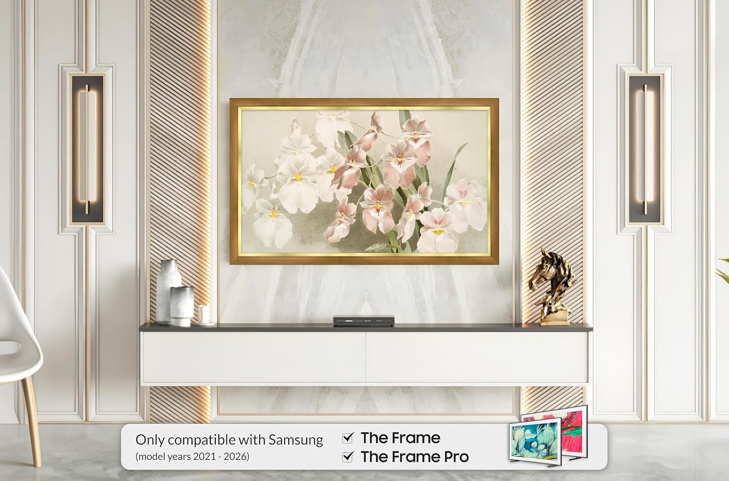 Modern Gold Leaf 50' Slim Deco TV Frame - Compatible ONLY with Samsung The Frame TVs (Fits 2021-2026, LS03A, LS03B, LS03C, LS03D, LS03FA)