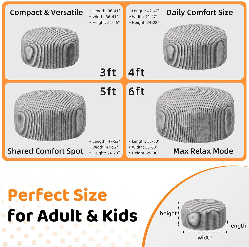 HABUTWAY 6FT Bean Bag Chair, 6' Large Bean Bag Chairs for Adults with Removable Stripe Plush Cover, Memory Foam Beanbag Chair for Living Room Bedroom Dorm，Grey