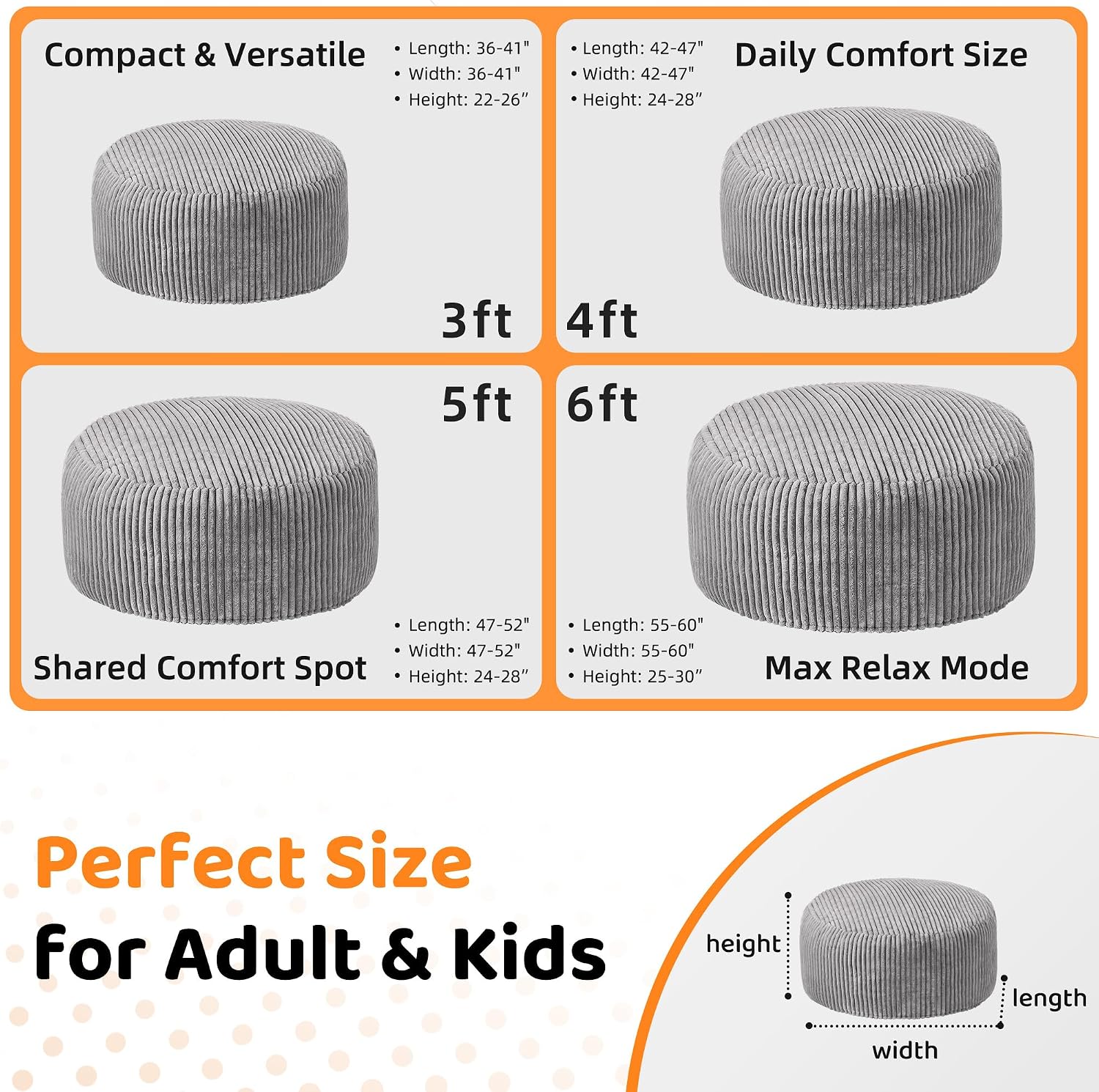 HABUTWAY 6FT Bean Bag Chair, 6' Large Bean Bag Chairs for Adults with Removable Stripe Plush Cover, Memory Foam Beanbag Chair for Living Room Bedroom Dorm，Grey
