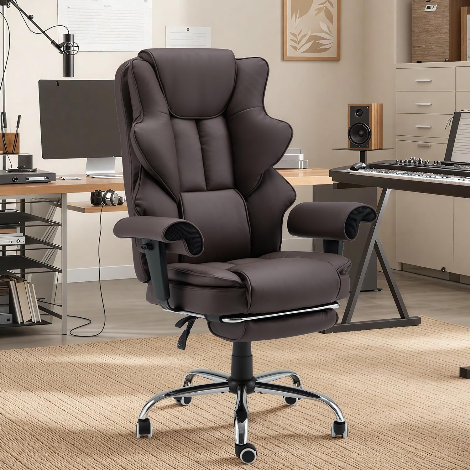 HOMREST Brown Ergonomic Office Chair with 6-Point Vibration Massage & Heat – Reclining Executive Chair with Adjustable Footrest and Armrests, PU Leather Big and Tall Home Office Desk Chair