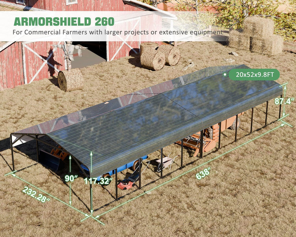 20x52 FT Ultra-Long Industrial Carport Kit, All-Weather Steel Garage for Class A RVs,Farm Equipment, 120lbs/Sq.Ft Snow Wind Resistant Carports Modular Canopy with Anti-Snow Roof Auger Anchoring System