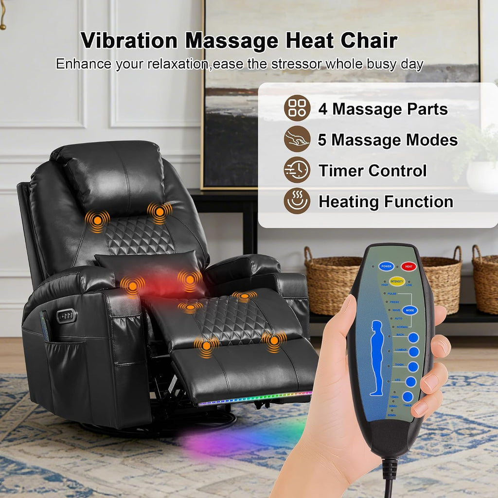Dual Motor Power Swivel Rocker Recliner Chair for Adults with Heat and Massage,Electric Wall Hugger Glider Rocking Recliner for Nursery Living Room with LED Lights,USB A&C Ports(Black, Set of 2)