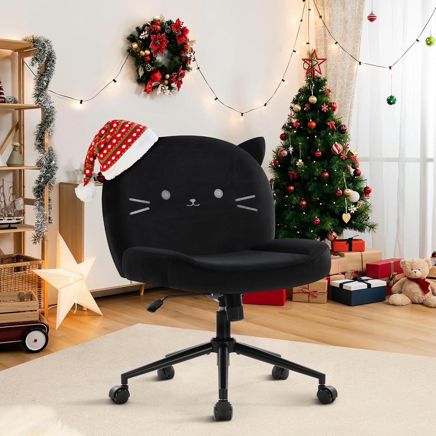 IWMH Armless Office Desk Chair with Wheels,Ergonomic Criss Cross Legged Computer Chair with Fabric Padded, Height Adjustable Wide Seat Vanity Chairs,Mid Back Task Chair for Home, Bedroom (Black Cat)