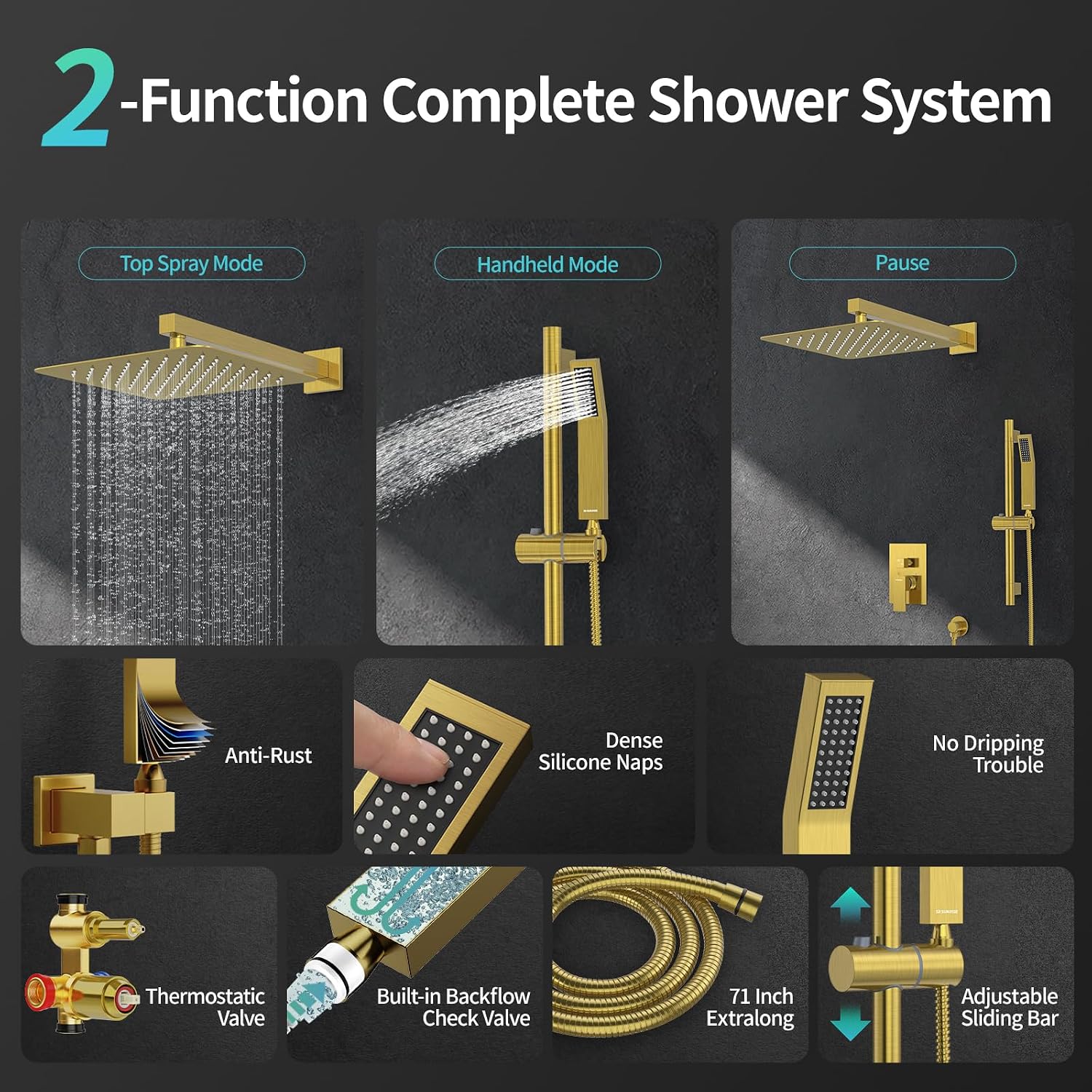 SR SUN RISE 12 Inch Brushed Gold Shower Faucet Set, Wall-Mount Adjustable 16-Inch Slide Bar with Square Hand Shower System Included Valve and Trim Kit