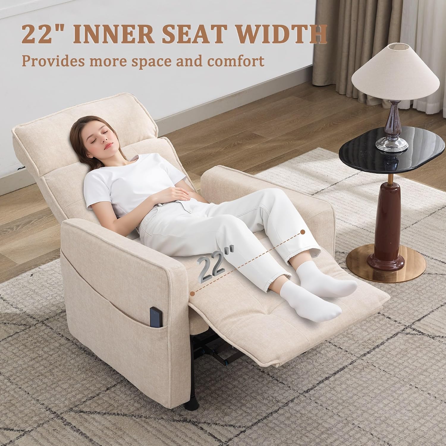 Korser Power Recliner Chair, Modern Electric Recliner Chairs for Adults, Comfy Recliners for Living Room, Cashmere Reclining Chair with Side Pockets & One-Touch Adjustment for Bedroom, Lounge, Khaki