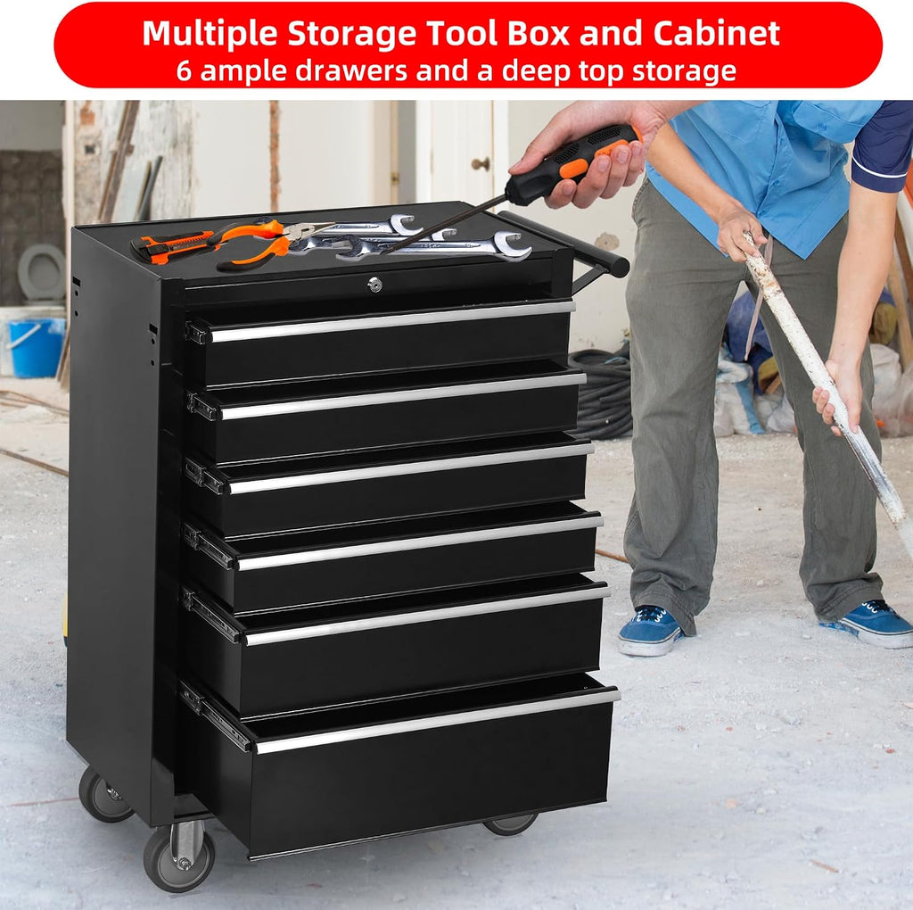 LuckyNote】6-Drawer Rolling Tool Chest Cabinet, Large Capacity Metal Tool Box with Wheels and Locking, Roll Around Storage Organizer Tool Cart for Garage, Warehouse, Work Shop - Black,24.2x13x34.6