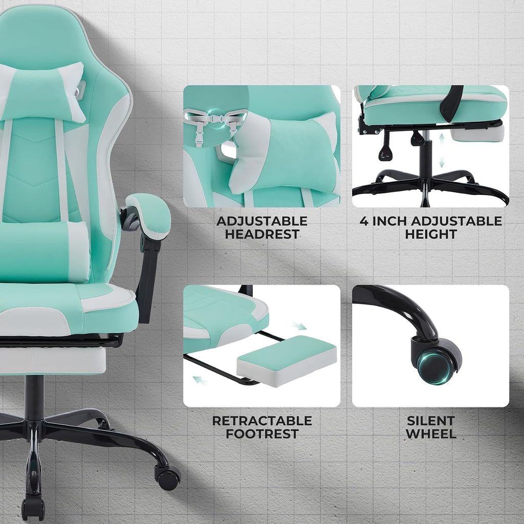 Gaming Chair with Massage and Footrest, Ergonomic High Back PC Racing Chair, 300LBS Capacity with Adjustable Lumbar Support & Headrest for Office and Desk (Model E, Green+White)