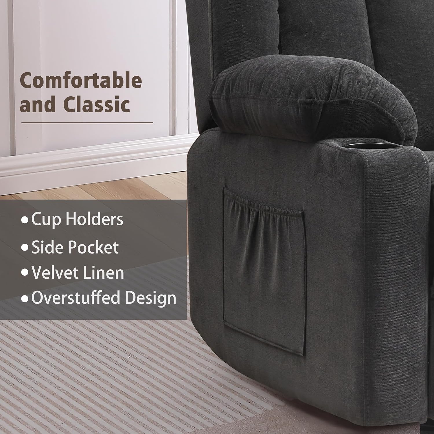 Ketaiyou Rocker Swivel Recliner Chair for Adults, Overstuffed Large Manual Recliner Glider with Massage and Heat, Comfy Soft Fabric Living Room Reclining Sofa Chair (Black1)