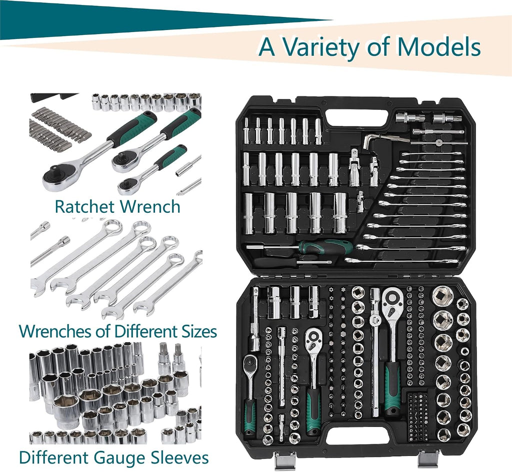 216-Piece Mechanics Tool, Juego De Herramientas, Set Socket Wrench Kit, with 72-Tooth Ratchet, Metric Sockets & Extensions, Automotive Repair Tool Kit for Car Home Garage Maintenance