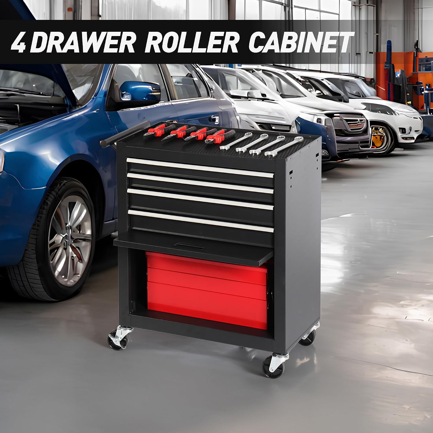 HYCHIKA 4-Drawer Rolling Tool Chest, Cabinet with 4 Wheels Tool Chest with Drawers, Suitable for Garages, Warehouses, Workshops, Repair Shops, Black