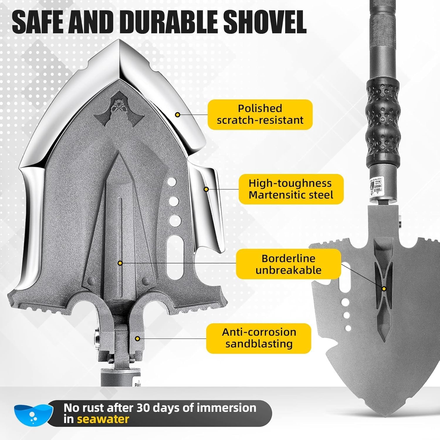 Zune Lotoo Survival Shovel Multitool with Axe, 29 in 1 Unbreakable Tactical Shovel Martensitic Steel kit, Compact Camping Shovel Folding Adjustable 7 Angles for Outdoors Gear Military Tool Gifts