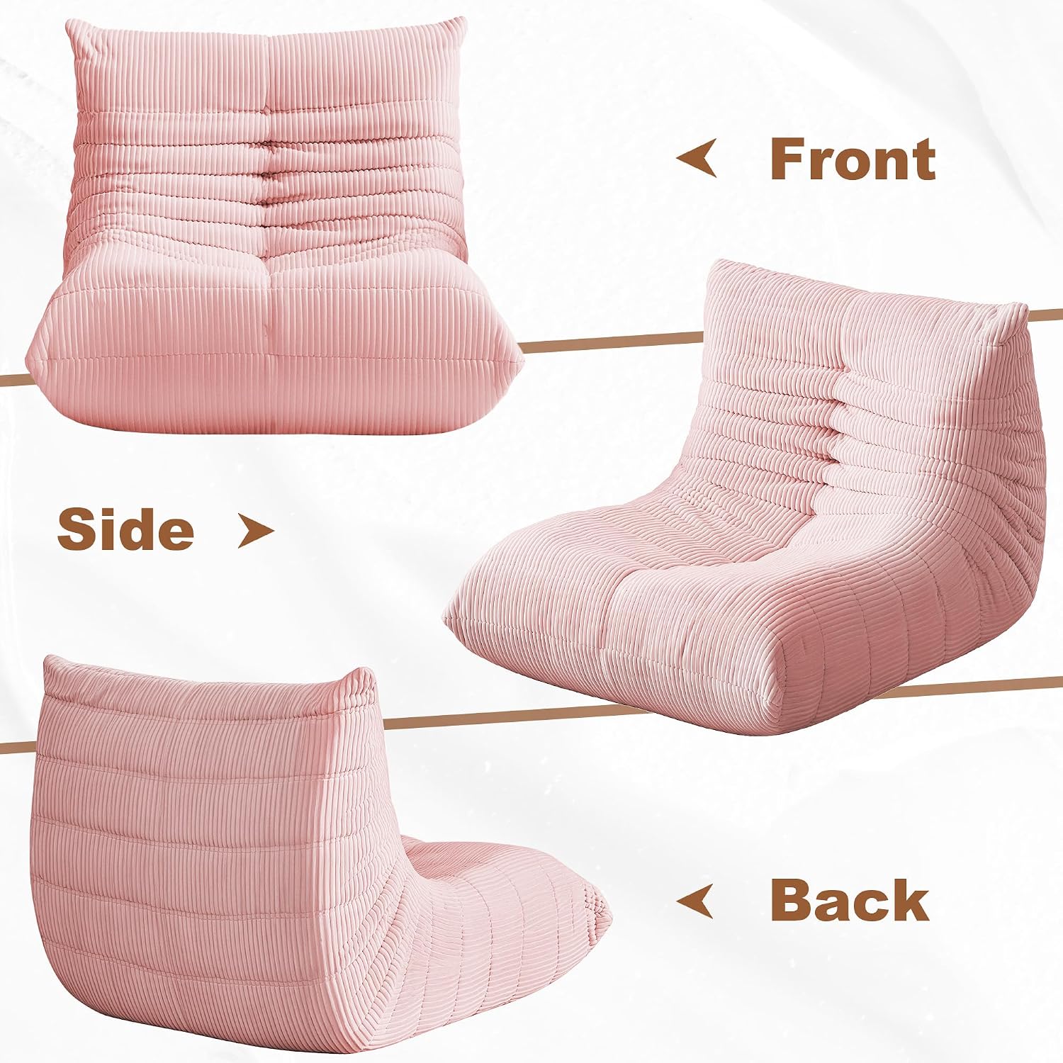 Bean Bag Chair for Adults, Giant Bean Bag Chairs with Lumbar Pillow, Oversized Corduroy Memory Foam Boneless Chair with High-Rebound, Lazy Floor Sofa for Reading Gaming Living Room Bedroom, Pink