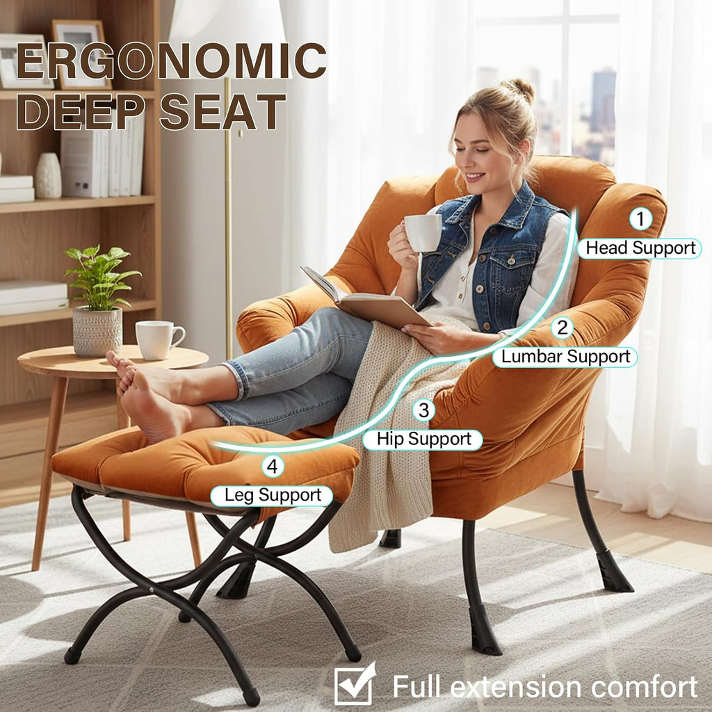 Welnow Orange Lazy Chair with Ottoman, Modern Accent Chair with Armrests and a Side Pocket, Leisure Sofa Armchair, Reading Armchair with Footrest for Small Space, Corner Chair