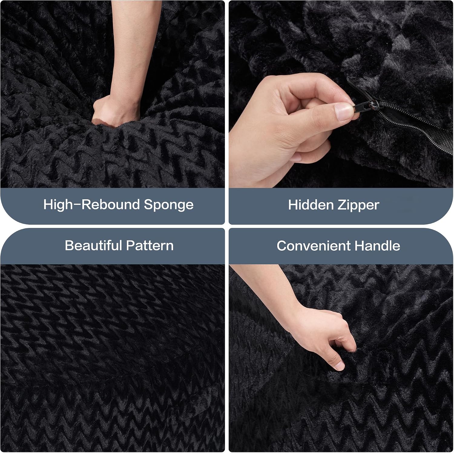 Hobestluk 5ft Bean Bag Chairs for Adults Large Beanbag Chair with Chevron Plush Fur Cover Big Bean Bag Chair for Living Room Bedroom Dorm Office - Black (50' x 50' x 24')