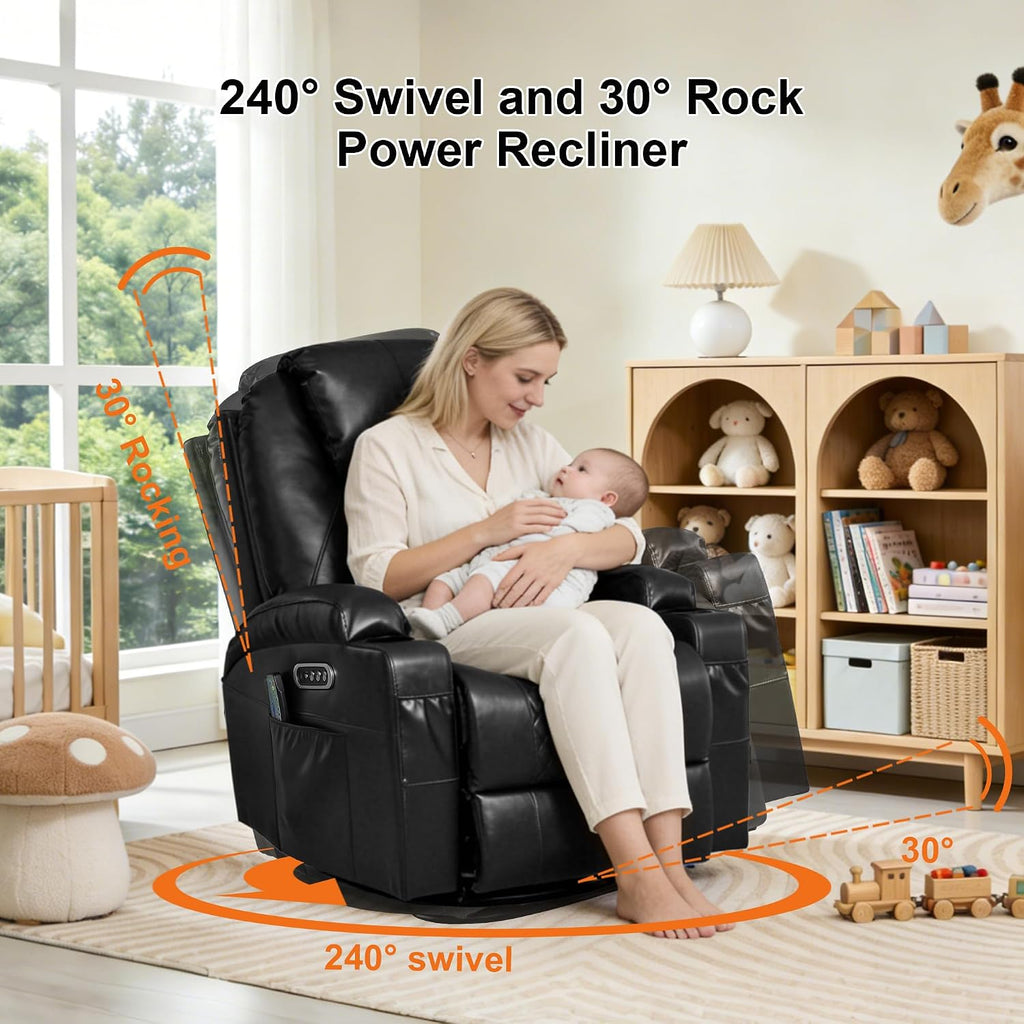 Dual Motor Power Swivel Rocker Recliner Chair for Adults with Heat and Massage,Electric Wall Hugger Glider Rocking Recliner for Nursery Living Room with LED Lights,USB A&C Ports(Black, Set of 2)