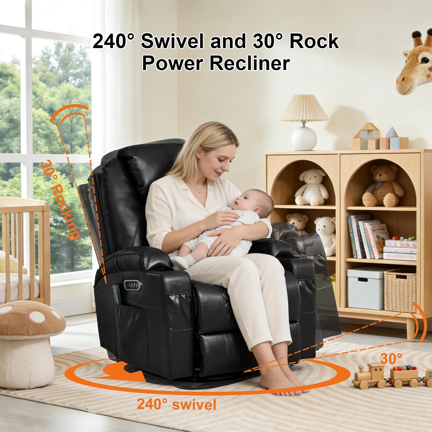 Dual Motor Power Swivel Rocker Recliner Chair for Adults with Heat and Massage,Electric Wall Hugger Glider Rocking Recliner for Nursery Living Room with LED Lights,USB A&C Ports(Black, Set of 2)