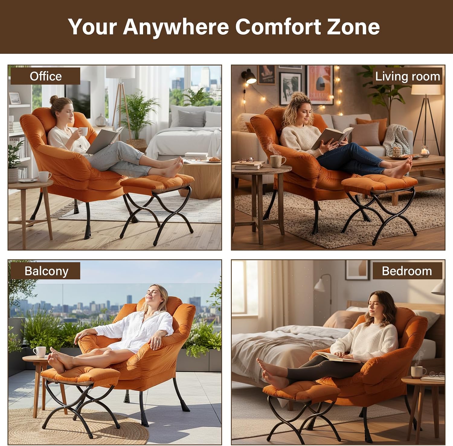 Welnow Orange Lazy Chair with Ottoman, Modern Accent Chair with Armrests and a Side Pocket, Leisure Sofa Armchair, Reading Armchair with Footrest for Small Space, Corner Chair