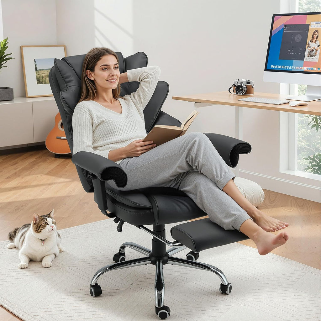 HOMREST Ergonomic Executive Office Chair with 6-Point Vibration & Heat - Reclining Managerial Chair with Adjustable Footrest and Armrests,Big and Tall Leather Home Office Desk Chairs(Black)