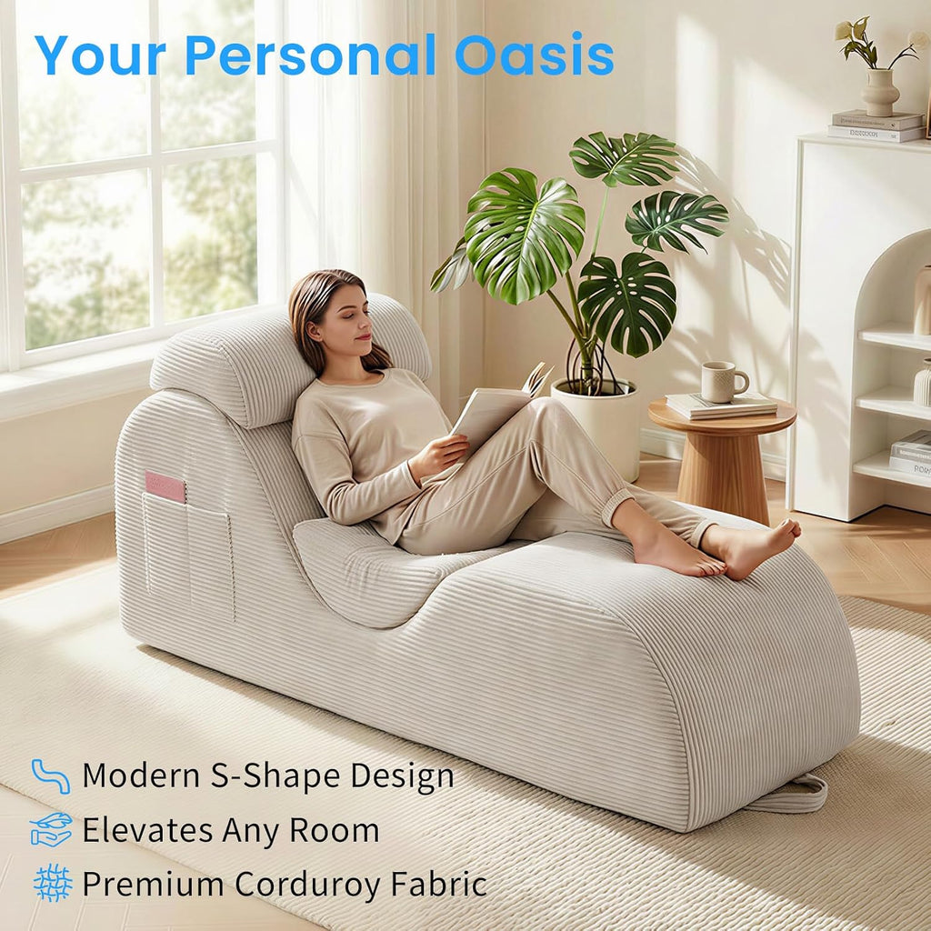 ijuicy 25' Wide Corduroy Yoga Chair, Ergonomic Stretch Chaise Lounge Chair Indoor, Reading Chair with Headrest, Waist Cushion, Movable Footrest, Side Pockets, High Density Sponge-Beige